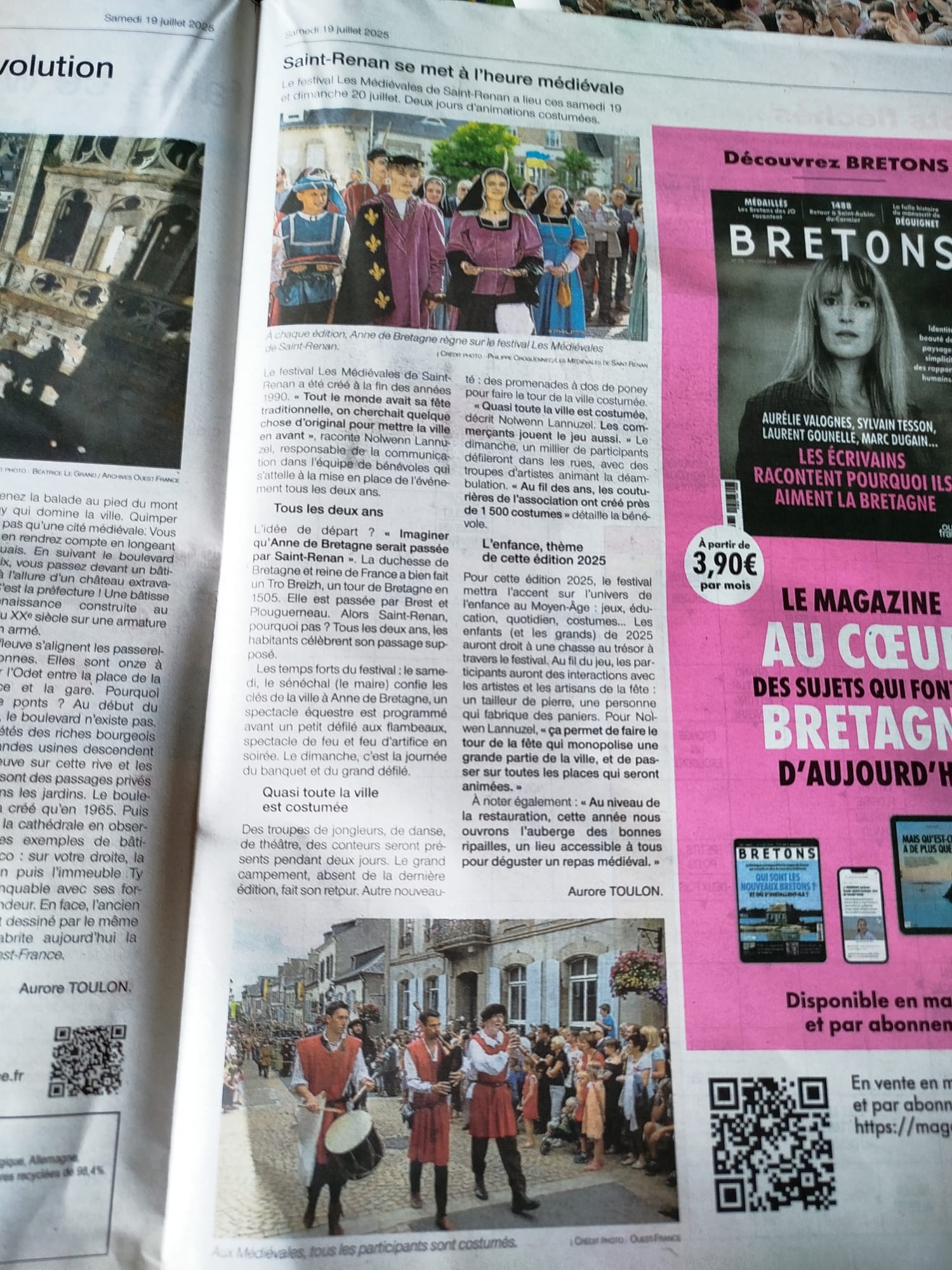 Article Ouest-France du 19 juillet 2025 sur les Médiévales de Saint-Renan, illustré par la troupe
